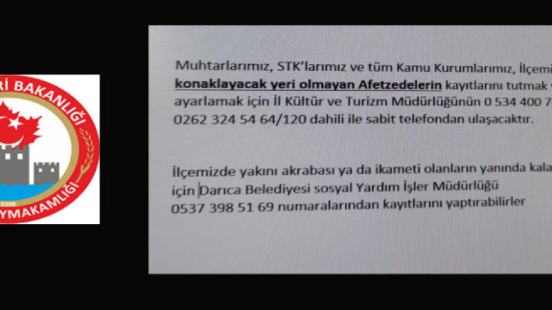 Darıca Kaymakamlığı'ndan bilgilendirme...